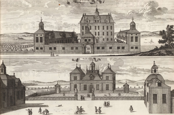 Sätuna, Säby, View of the Sätuna mansion and the Saby mansion, Suecia Antiqua et Hodierna, print, album page, printmaker: Jean Lepautre, supervision: Erik Jönssen Dahlberg, 1670, paper, etching, height 261 mm x width 384 mm, housing, Landhuis Sätuna, Mansion Saby, A detailed monochrome engraving showing two horizontal sections of a grand building complex by water, with the upper section depicting a fortified facade with towers, a central gate, a large multi-story block with steep roofs and small cupolas, and distant hills and trees; small human figures and a dog are visible near the wall and through the gate; the lower section shows a formal paved courtyard bordered by balustrades, statues on pedestals, a central entrance building with decorative roof elements, flanking corner pavilions with domed cupolas, groups of people walking and conversing on the courtyard and in the foreground, and ships seen on the water and landscape features beyond.