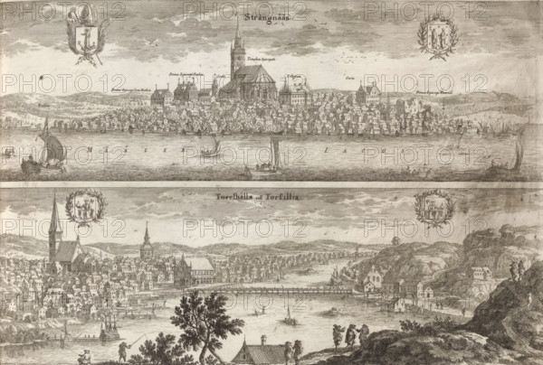 Strängnääs, Toreshälla vell Torsilia, View of Strängnäs and Torshälla, Suecia Antiqua et Hodierna, print, album page, printmaker: Adam Perelle, supervision: Erik Jönssen Dahlberg, 1670 - 1674, paper, etching, height 256 mm x width 384 mm, city-view in general, 'veduta', Strängnäs, Torshälla, A detailed engraved view shows two horizontal cityscape panels separated by a narrow border, each depicting a waterfront town with clustered buildings, steep-roofed houses, and prominent church towers rising above the skyline; the upper panel features a large central church with a tall spire flanked by dense rows of houses and small sailing vessels on the water in front, while the lower panel shows a wide harbor with ships and boats, a bridge or pier extending into the water, rolling hills and rocky outcrops framing the town, and small groups of people on the shoreline and atop the hills; decorative heraldic cartouches appear near the top corners of the image, and the sky is filled with finely hatc...
