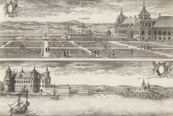 Arx Eskilstuna, Arx Gripsholm, View of Eskilstuna Castle and Gripsholm Castle, Suecia Antiqua et Hodierna, print, album page, printmaker: Adam Perelle, supervision: Erik Jönssen Dahlberg, 1670 - 1674, paper, etching, height 265 mm x width 391 mm, castle, Eskilstuna, Gripsholm Castle, A wide engraved scene shows a formal terraced garden with ornate rectangular parterre beds filled with intricate swirling patterns, intersecting straight gravel paths, low balustrades, and scattered groups of small figures walking and standing; to the right a large multi-story building with domed towers, steep roofs, many windows, and detailed stonework borders the garden, while in the background rolling hills, clusters of buildings, and a river or channel stretch toward the horizon under a clouded sky with flocks of birds; below the garden a waterfront view features a fortified castle-like structure with towers and battlements, sailing ships in the water, a shoreline lined with houses and docks, and addit...