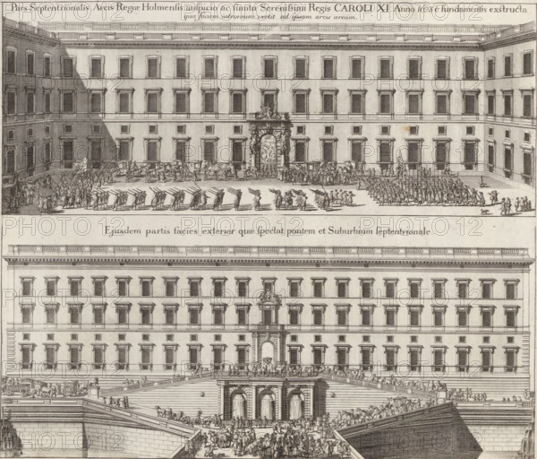 Pars Septentrionalis Arcis Regiæ Holmensis, North wing of Tre Kronor Castle, Suecia Antiqua et Hodierna, print, album page, North wing of Tre Kronor Castle in Stockholm. Above viewed from the courtyard. Below from the outside., printmaker: Willem Swidde, supervision: Erik Jönssen Dahlberg, 1697, paper, etching, height 286 mm x width 332 mm, castle, Sweden, Stockholm, Södermalm, Gamla stan, Tre Kronor Castle, A large architectural engraving showing two wide façades of a multi-story stone building with many regularly spaced tall windows and decorative window frames, an arched ornate central doorway with sculptural decoration, and a broad exterior staircase descending to a lower level; small detailed figures populate the courtyard, on the steps, and along the bridge-like terraces, including groups of people walking, soldiers in formation carrying long rifles, horse-drawn carriages, and clusters of onlookers; horizontal bands of cornices, balustrades, and decorative moldings run across the...