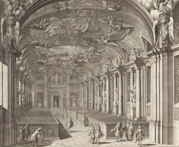 Interior of the old chapel in the Tre Kronor castle, Delineatio Templi, Suecia Antiqua et Hodierna, print, album page, printmaker: Johannes Jacobsz van den Aveele, Karlberg Palace, supervision: Erik Jönssen Dahlberg, 1702, Solna, paper, etching, height 286 mm x width 346 mm, parts of interior church: chapel, Sweden, Stockholm, Södermalm, Gamla stan, Tre Kronor Castle, A detailed engraving of a grand interior with a long central aisle flanked by high columns and ornate pilasters, a coffered vaulted ceiling filled with numerous sculpted figures and cherubs, and decorative reliefs; the ceiling shows clusters of reclining and flying figures grouped around radiating lines of light; sculpted statues and busts sit atop the columns and along ledges; the floor is a patterned tile with benches or pews lining the central passage; small groups of clothed figures in period dress walk, stand, or converse along the aisle and near the benches; heavy drapery, garlands, and ornamental cartouches decorat...