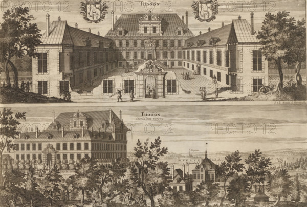 View of Tidö Castle, also from the south, Tidöön, Tidöön Meridiem versus, Suecia Antiqua et Hodierna, print, album page, printmaker: Johannes Jacobsz van den Aveele, Stockholm, supervision: Erik Jönssen Dahlberg, 1702, paper, etching, height 254 mm x width 375 mm, war and peace, Västeras, Slot Tidö, An engraved view of a large symmetrical building complex with a central courtyard flanked by long wings and a decorative entrance gate, rendered in fine line work and hatching; the upper portion shows a frontal perspective into a paved courtyard with figures walking and standing, ornate architectural details on the central block and dormer windows on steeply pitched roofs, tall chimneys, and trees framing the outer edges; the lower portion presents an exterior elevation of the main facade set behind terraces and formal planting, with stairways, rows of trees, additional buildings and rooftops receding into a landscape with more trees and small groups of people scattered in the foreground.
