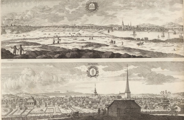 View of Falun and Hedemora, Falun, Hedemora, Suecia Antiqua et Hodierna, print, album page, printmaker: Erik Reitz, supervision: Erik Jönssen Dahlberg, 1696, paper, etching, height 254 mm x width 380 mm, city-view in general, 'veduta', Dalarna, A wide engraved panorama shows a coastal town and surrounding landscape divided into two horizontal sections. In the upper section a shoreline with small sailing vessels is bordered by a settlement of clustered buildings and a prominent church with a tall spire; fields, fences, scattered people, animals, and mounds of earth fill the foreground while cloud formations stretch across the sky. In the lower section a dense townscape of tightly packed houses and roofs extends toward the horizon, with a tall church steeple rising above the buildings, a wooden structure in the foreground near a fence, horse-drawn carts and figures on the road, cultivated plots and rows of plants, and layered clouds overhead. Overall the scene is rendered in fine etched ...