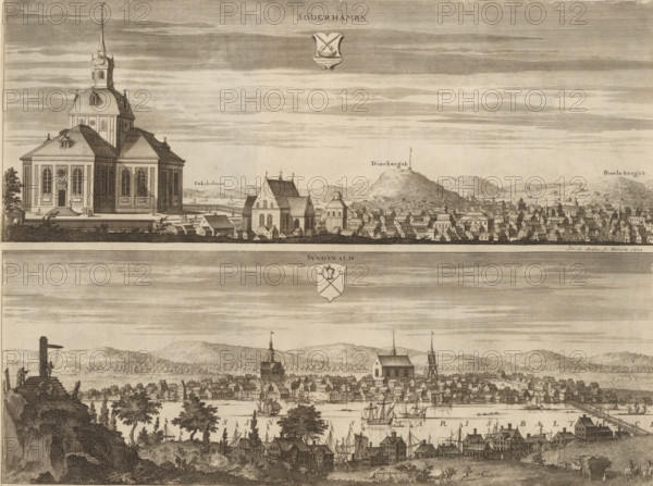 Söderhambn, Sundswald, View of the city of Söderhamn and Sundsvall, Suecia Antiqua et Hodierna, print, album page, printmaker: Johannes Jacobsz van den Aveele, Stockholm, supervision: Erik Jönssen Dahlberg, 1700, paper, etching, height 274 mm x width 371 mm, city-view in general, 'veduta', Söderhamn, Sundsvall, A wide engraving shows two horizontal cityscape bands separated by a blank water-like stripe; the upper band features a large domed church with a tall spire on the left, steps and small figures at its entrance, and a dense cluster of small gabled houses and additional church buildings stretching to the right with hills rising behind them, while the lower band depicts a waterfront scene with many sailing ships at anchor, rows of timber buildings along the shore, a bridge extending across the water to the right, and a foreground of rocky outcrops, trees, scattered tents, and small figures and carts.