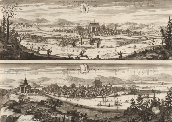 Civitas vetvs Pitae, Civitas nova Pitae, View of Piteå, the old and new town, Suecia Antiqua et Hodierna, print, album page, printmaker: Johannes Jacobsz van den Aveele, Stockholm, supervision: Erik Jönssen Dahlberg, 1701, paper, etching, height 268 mm x width 376 mm, city-view in general, 'veduta', Piteå, A wide engraved panorama showing two horizontal town views separated by a blank band, each view densely detailed with clustered buildings, large churches with steeples, and rows of houses along waterfronts; the upper section features a riverside estate with a formal building and gardens in front of a town set against rolling hills, with small figures on the riverbank, trees framing the scene, and a foreground showing people, animals, and sparse leafless trees on rocky ground; the lower section shows a coastal town with many tightly packed roofs, a prominent church on a hillside, numerous sailing ships and boats in the water, wooded hills in the background, and foreground figures with...