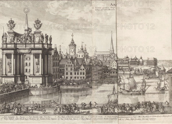 Arcus Triumphalis in Solennem adventum Serenissimae Reginae Uldaricae Eleonorae, Stockholmiæ ad Pontem Borealem die 24 Novemb Anno 1680 extructa, Triumphal arch erected at the solemn entry of Queen Ulrike Eleonora, November 24, 1680, Suecia Antiqua et Hodierna, print, album page, Triumphal Arch on the Norrström in Stockholm, erected at the entry of the Swedish Queen Ulrike Eleonora, 1680., printmaker: Willem Swidde, supervision: Erik Jönssen Dahlberg, 1691, paper, etching, etching in two parts, folded, height 255 mm x width 580 mm, Person, Ulrika Eleonora of Denmark (Queen of Sweden), triumphal arch, Stockholm, Nörrstrom, Period, 1680-11-24, An expansive engraved cityscape shows a waterfront with numerous boats and ships in the water, a large ornate triumphal arch with sculptures and decorative crowns on the left, a busy quay with people walking and carriages, a bridge lined with figures, rows of multi-story buildings with pitched roofs and towers rising behind them, a tall church spir...