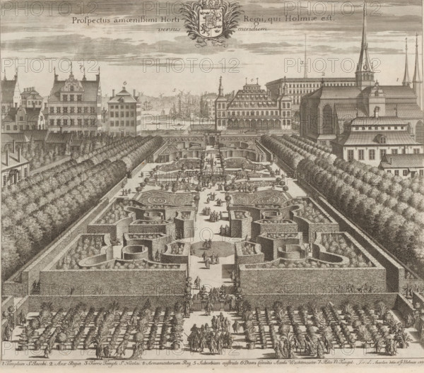 View of the Kungsträdgården in Stockholm, from the north, Prospectus amoenissimi Horti Regii qui Holmiae est, versus meridiem, Suecia Antiqua et Hodierna, print, album page, View of the Kungsträdgården or King's Garden in Stockholm., printmaker: Johannes Jacobsz van den Aveele, Stockholm, after drawing by Johannes Jacobsz van den Aveele, supervision: Erik Jönssen Dahlberg, 1700, Johannes Jacobsz van den Aveele, Erik Jönssen Dahlberg, printmaker, after drawing by, supervision, paper, etching, height 289 mm x width 333 mm, garden, Kungsträdgården, A wide engraved view shows a formal garden with symmetrical parterres, clipped hedges forming maze-like shapes, planted beds with patterned designs, and a central pathway lined with small trees and people walking and standing; at the far end of the garden there is a fountain with figures around it and a raised terrace leading to a balustrade and bridge; beyond that a waterfront with sailing ships and a quay is visible, flanked by rows of multi-...