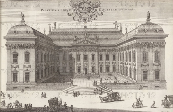 Riddarhuset on the city side, Palatium Ordinis Equestris urbem versus, Suecia Antiqua et Hodierna, print, album page, The Riddarhuset (Knight's House), the permanent meeting place of the Swedish nobility in Stockholm. In the foreground several carriages., printmaker: Jean Lepautre, supervision: Erik Jönssen Dahlberg, 1670, Jean Lepautre, Erik Jönssen Dahlberg, printmaker, supervision, paper, etching, height 273 mm x width 384 mm, civic architecture, edifices, dwellings, Stockholm, Södermalm, Gamla stan, Riddarhuset, A detailed architectural engraving shows a large symmetrical palace with a central courtyard framed by two long wings and two rounded corner pavilions topped with statues. The façade features rows of tall rectangular windows with decorative pediments and ornate sculptural reliefs between them, a balustraded terrace with steps leading down into the open paved courtyard, and an arched central entrance beneath a triangular pediment. The roofline includes mansard-style curved r...