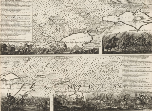 Map of the Bravalla heath, Topographica Delineatio Camporum Bravielsium in Smolandiae Praefectura Cronebergensi territorio Alboensi, Suecia Antiqua et Hodierna, print, album page, folder, printmaker: Willem Swidde, Stockholm, supervision: Erik Jönssen Dahlberg, 1693, paper, etching, height 293 mm x width 379 mm, Bravalla heath, A detailed monochrome engraving showing a large map with coastlines, islands, labeled regions, and many small repeated symbols covering land areas, framed by blocks of text and cartographic elements like a compass rose. Along the top and middle horizontal bands are dense rows of engraved battle scenes and gatherings of mounted figures, foot soldiers, tents, banners, and fallen bodies depicted in dynamic poses. The map includes stylized shorelines, pen-and-ink shading, clusters of small tree-like marks, and numerous place labels rendered in ornate script. Decorative elements include framed legend boxes, ornamental cartouches, and densely hatched shading creating ...