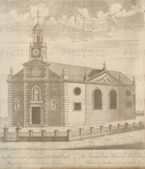 Templum Ulricæ Eleonorae auspiciis Potentissimi Svionum Regis Friderici Conditum Londini angl: Anno Salut: MDCCXXVIII, View of the Ulrika Eleonora church in London, Suecia Antiqua et Hodierna, print, album page, printmaker: John van der Gucht, Stockholm, 1717 - 1776, paper, etching, folded, height 405 mm x width 355 mm, church (exterior), London, Ulrika Eleonora Church, A detailed architectural engraving of a stone building with a central entrance flanked by niches containing sculpted figures and decorative garlands, a pediment above the entrance with a round medallion, a clock tower rising from the roof with ornate balustrades and a dome topped by a decorative finial, arched windows and circular windows along the side elevation, a pitched roof with sculpted urns along the ridge, a low stone fence with metal railings and gate in front, two winged cherubs in the sky holding a draped banner, and soft horizontal shading indicating clouds and sky.