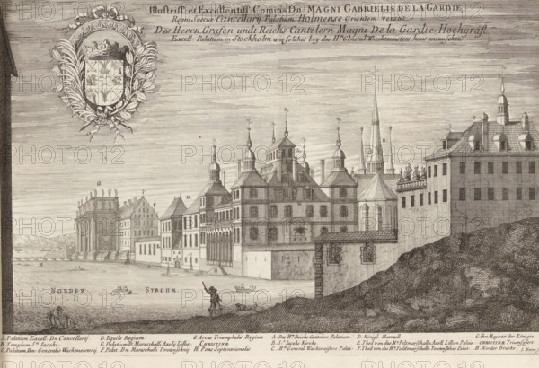 Illustriss: et Excellentiss: Comitis Dn: Magni Gabrielis De la Gardie, Regni Sueciae Cancellarij, Palatium Holmense Orientem versus, Des Herrn Grafen undt Reichs Cantzlern Magni De la Gardie Hochgräfl: Excell: Palatium in Stockholm, wie solches bey des H:n General Wachtmeisters haus antzusehen, Palace of Magnus Gabriel de la Gardie from the east, Suecia Antiqua et Hodierna, print, album page, printmaker: Jean Marot (I), supervision: Erik Jönssen Dahlberg, 1667, paper, etching, height 250 mm x width 373 mm, Kartor-bilder, Suecia-antiqua, (accessed November 2016)., palace, Stockholm, Norrmalm, Nörrstrom, Makalös Palace, An engraving showing a waterfront cityscape with a row of ornate buildings and towers along the water, multiple domed and spired roofs with decorative finials, a large coat of arms framed by laurel leaves and ribbon in the upper left, a calm body of water in the foreground with small boats and figures rowing, a person standing on the shoreline pointing or gesturing, a roc...