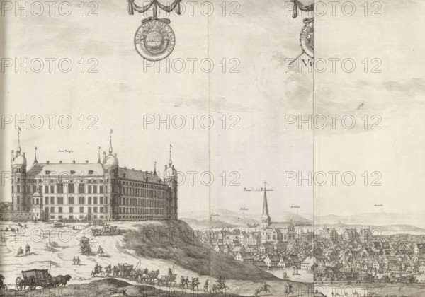 View of Uppsala, Uppsala, Suecia Antiqua et Hodierna, print, album page, View of Uppsala. On the left a castle on a hill. In the middle the cathedral., printmaker: Willem Swidde, Stockholm, supervision: Erik Jönssen Dahlberg, 1690, paper, etching, etching in two parts, folded, height 262 mm x width 580 mm, city-view in general, 'veduta', A wide sepia-toned engraving shows a large ornate multi-story palace with corner towers topped by domes and flags, situated on a raised grassy bluff above a densely built town with a tall church steeple and clustered rooftops; the foreground features a road along the bluff with horse-drawn wagons, riders, and small groups of people moving and gathered, while decorative roundels with ribbons appear near the top edge and textured cloud-like shading fills much of the sky.