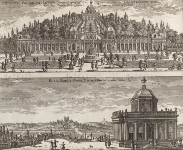Orangery and the pavilion under and on the Mariaberg in the park at Ulriksdal Castle, Porticus horti Jacobsdahlensi in qua omnis generis plantae, rariores arbores item, Mala Citria Aurantia aliosque fructus peregrinos ferentes asseruantur, Repraesentatio Montis Mariae in horto Jacobsdahlensi, Suecia Antiqua et Hodierna, print, album page, printmaker: Adam Perelle, supervision: Erik Jönssen Dahlberg, 1668, paper, etching, height 285 mm x width 345 mm, garden buildings, greenhouse, orangery, Solna, Slot Ulriksdal, A detailed engraving showing two large classical buildings with columns and domed pavilions, a terraced garden with patterned parterres and sculpted fountains, many small figures in period dress walking and conversing along pathways and on terraces, rows of trees and distant wooded hills behind the upper building, ornate balustrades and urns lining the garden, and a sky filled with clouds above.