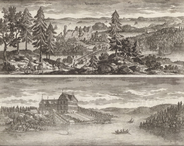 Almarestääk, Arnöö, View of the ruins of Almarestäkets Castle and the bishop's house Arnö, Suecia Antiqua et Hodierna, print, album page, printmaker: Adam Perelle, supervision: Erik Jönssen Dahlberg, 1670 - 1674, Adam Perelle, Erik Jönssen Dahlberg, printmaker, supervision, paper, etching, height 275 mm x width 349 mm, Mansion Biskops-Arnö, A wide engraved landscape showing a shoreline with hills and forests, tall evergreen trees in the foreground, rocky outcrops and a dirt path with a horse-drawn cart and a rider, clusters of small buildings and a bridge near the water, sailing ships and rowboats on a calm body of water, distant islands and peninsulas, scattered clouds and flocks of birds in the sky, and a large multi-story building with formal gardens visible below the horizontal dividing line.