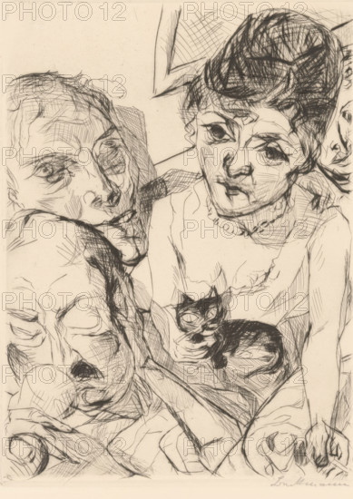 Der Abend (Selbstbildnis met den Battenbergs) (original title), Evening (self-portrait with the Battenbergs), Gesichten (original series title), print, Series number, 10, 19, printmaker: Max Beckmann (signed by artist), printer (person): Franz Hanfstaengl, Munich, publisher: Reinhard Piper, 1916 - 1919, printer (person), Bavaria, paper, drypoint, height 239 mm x width 178 mm, Person, family life at home, friendship between man and animal, caressing, petting, A densely hatched ink drawing showing several overlapping faces and figures rendered with energetic, sketchy lines; a central young woman with dark, voluminous hair and a ruffled collar looks forward with large, shaded eyes and a slightly tilted head, while to her left a reclining face with heavy eyelids and tousled hair rests near the edge of the composition; below them a smaller figure holds a dark, intensely shaded cat with pointed ears, the cat's face contrasting with lighter surrounding strokes; additional partial faces and ha...
