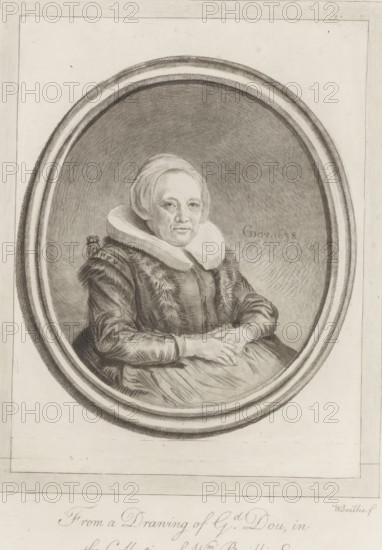 Portrait of Gerard Dou's mother, print, album page, printmaker: William Baillie, after drawing by Gerrit Dou, 1775-03-17, William Baillie, Gerrit Dou, printmaker, after drawing by, paper, print drawing, crayon manner, etching, etching in crayon way, height 330 mm x width 229 mm, A monochrome oval portrait drawing of an older woman seated, shown from the waist up and facing slightly toward the viewer, wearing a close-fitting cap and a large ruffled collar, a dark textured garment with fur trim over the shoulders, and a draped skirt; her hands rest in her lap with fingers interlaced, and the oval frame surrounding her is rendered with shaded concentric bands against a plain rectangular background.