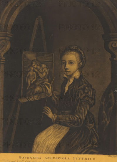 Sofonisba Angusciola Pittrice, Self-portrait of Sofonisba Anguissola, print, album page, painting a Virgin and Child., stamp: 'GR, First Account', printmaker: William Baillie, after painting by Sofonisba Anguissola, 1753 - 1810, paper, paste, mezzotint, mezzotint on yellow prepared paper, mounted on album page, height 347 mm x width 254 mm, Person, A seated woman with braided hair and a high lace collar holds a brush and palette, wearing a dark dress with puffed sleeves and a light apron; she sits beside an easel displaying a painting of a seated woman cradling a child, all framed by an arched architectural opening with decorative scrollwork on the sides.