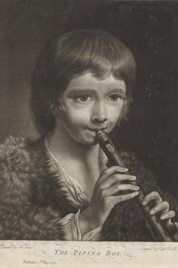Boy playing the flute, print, album page, A boy playing the flute dressed in a fur over a white shirt., printmaker: William Baillie, after painting by Nathaniel Hone (I), 1771-05-01, paper, paste, etching, mezzotint, mezzotint and etching, pasted on album page, height 330 mm x width 229 mm, one person playing an instrument, A portrait of a young person with short, wavy hair shown from the shoulders up, holding a flute to their lips with both hands; the face is detailed with large eyes and a focused expression, the clothing includes a textured fur garment over a light, gathered shirt, and the background is dark and plain.