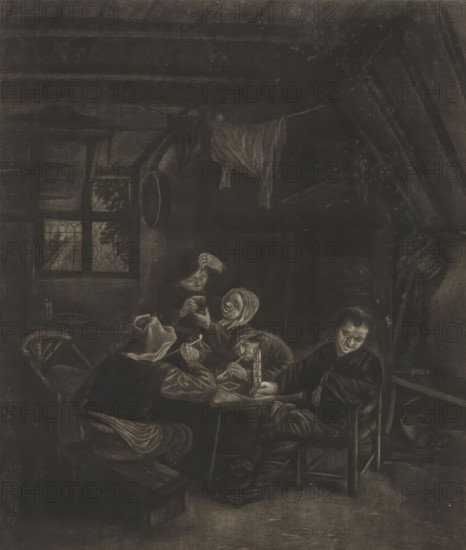 Peasant interior, print, album page, An interior with five peasants at a table. Two men are smoking pipes., printmaker: William Baillie, after painting by Adriaen van Ostade, 1765, paper, mezzotint, etching, paste, etching and mezzotint pasted onto album page, height 313 mm x width 264 mm, farmers, drinking, pipe, tobacco, A dimly lit interior scene showing a group of people gathered around a small table, with visible wooden beams and a window with diamond-pattern panes in the background, clothing hung above, and simple wooden chairs and a spinning wheel at the left; the figures wear layered, textured garments and head coverings, with some holding cups and a stack of cylindrical objects on the table, their faces showing varied expressions, one figure leaning forward while another looks down with a slight smile, and household items like bowls and a small bucket visible on the floor and shelves.
