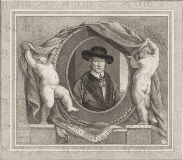 Portrait of William Baillie, print, album page, Two putti reveal a portrait of William Baillie., printmaker: William Baillie, 1753 - 1810, paper, stippling, etching, etching and stippling, height 319 mm x width 340 mm, Person, A framed black and white engraved portrait shows a man wearing a wide-brimmed hat and a fur-lined robe centered inside an oval medallion, flanked on either side by two nude cherubic figures holding up a draped cloth above the medallion, with decorative patterned borders surrounding the scene and heavy shading and stippling throughout the background and drapery.