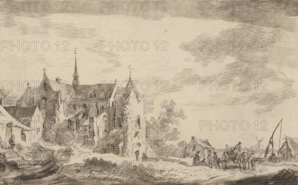 Seaside village with church, print, album page, printmaker: William Baillie, after drawing by Jan van Goyen, 1771-10-01, paper, paste, print drawing, crayon manner, intaglio printmaking technique, etching in crayon manner and plate tone, pasted on album page, height 243 mm x width 309 mm, landscapes, building of church, A wide pencil and ink landscape scene framed by double border lines shows a cluster of old buildings with steep gabled roofs and a tall spire rising among them on the left, with trees and bushes interspersed around the structures; a winding path leads from the buildings toward the right where small groups of people and figures with horses and a cart gather near a shoreline; boats with masts and sails appear at the water’s edge and a distant windmill is visible on the horizon; the sky above is filled with lightly shaded cloud formations and the whole image sits on a larger sheet with a broad blank margin around the framed drawing.