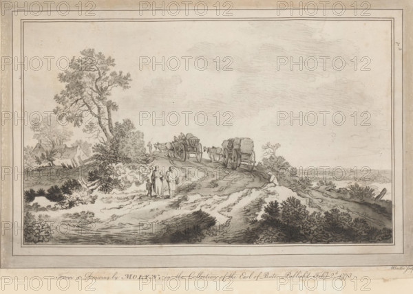 Landscape with two wagons on a road, print, album page, Landscape with a house and tree along a road. A man and woman with a child are walking on the road. Further on, two wagons drawn by donkeys or horses are driving., printmaker: William Baillie, after drawing by Pieter de Molijn, 1773-02-02, paper, paste, print drawing, crayon manner, etching, rocker stamped, etching in crayon manner and rocker, pasted on album page, height 207 mm x width 307 mm, public road in village, landscapes, animal traction, animal-drawn vehicle (carriage etc.), A wide landscape drawing in muted tones shows a rolling dirt path leading over a hill with textured ground and low vegetation, framed by a double-lined border. Near the center foreground three standing figures are depicted in simple garments, and a small dog stands beside them. Further up the path two horse-drawn wagons with visible wheels and loads travel along the ridge, with a person seated or walking near the leading wagon. Trees and shrubs of var...