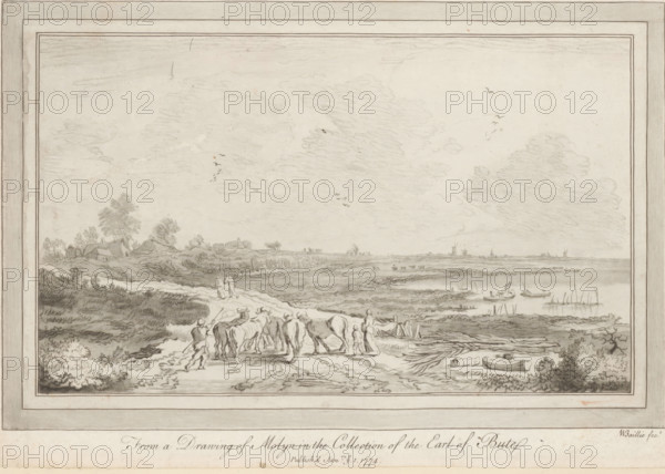 Landscape with herd of oxen, print, album page, printmaker: William Baillie, after drawing by Pieter de Molijn, 1774-01-01, paper, paste, print drawing, crayon manner, etching, rocker stamped, etching in crayon manner, etching and rocker, pasted on album page, height 225 mm x width 321 mm, landscapes, herd, flock, A wide pencil landscape framed by a double border shows a flat riverside scene with expansive skies filled with faint cloud shading and groups of small birds. In the foreground a dirt track runs diagonally with a group of oxen being driven by several figures, one person walking beside them and another standing nearby. To the left low rolling vegetation and clustered trees surround a small cluster of thatched cottages set on a slight rise. Toward the center and right the marshy riverside stretches into the distance with reed beds, a few small boats on the water, and tiny figures in and near the boats. Far on the horizon silhouettes of windmills and low buildings are visible, a...