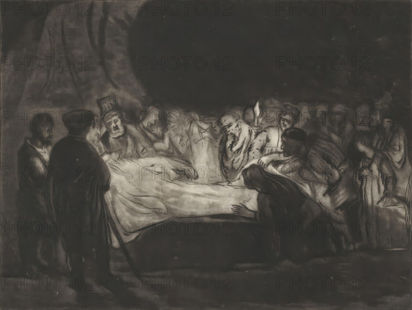 The Entombment of Christ, print, album page, printmaker: William Baillie, after painting by Rembrandt van Rijn, 1753 - 1810, paper, paste, mezzotint, etching, mezzotint and etching, pasted on album page, height 249 mm x width 309 mm, Christ's entombment (possibly by angels), A large rectangular framed drawing shows a dim interior scene with a group of people gathered around a central horizontal form covered by a draped cloth. The figures are rendered in soft charcoal tones and appear in various seated and standing poses along the edges of the central cloth, with some leaning forward and others turned toward it. On the left, darker silhouettes of two standing figures face the scene, one wearing a rounded cap. Toward the center and right, a mix of seated and standing figures display varied headwear and draped garments, with a few faces shown in profile and others more frontal. The cloth on the central form has visible folds and a hand rests upon it near its edge. The background above the...