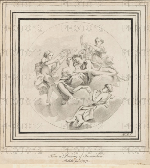 Bacchus and Ariadne, print, album page, Bacchus and Ariadne sitting in the clouds. Around him three figures. One plays the flute, a second the tambourine. The third holds a wreath above Ariadne's head., printmaker: William Baillie, after drawing by Marco Antonio Franceschini, 1772-01-02, William Baillie, Marco Antonio Franceschini, printmaker, after drawing by, paper, paste, crayon manner, etching, etching in crayon manner, pasted on album page, height 276 mm x width 254 mm, (story of) Ariadne and Bacchus, A rectangular print framed by multiple concentric decorative borders contains a circular central vignette showing a group of reclining and seated figures on stylized clouds. The figures wear flowing draped garments and have classical, idealized facial features and hairstyles; one figure appears to hold a round object above another while another reaches toward that area as if placing a wreath, and a smaller figure reclines lower at the edge playing a wind instrument. The shading is re...