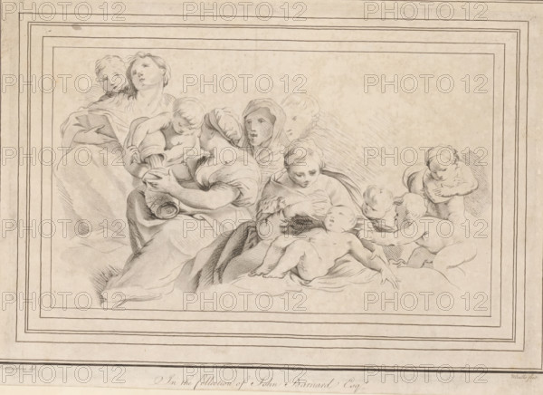 Worried mother and the sick child, print, album page, A woman bends over a sick child in her arms. Behind her are several women and children. A mother helps a child pour a liquid from one jug into another. Behind her, a woman is reading from a book., printmaker: William Baillie, after drawing by Domenichino, 1753 - 1810, paper, paste, crayon manner, etching, etching in crayon manner, pasted on album page, height 218 mm x width 302 mm, mother and baby or young child, motherhood, A horizontal pencil sketch framed by several parallel rectangular borders shows a group of seated and reclining figures clustered toward the lower center. Several adult women with draped garments and veiled or loose hair occupy the left and center, their faces turned in various directions and hands engaged in holding a small vessel and supporting children. Multiple infants with rounded bodies and soft features lie and reach across a blanket or cloth in the foreground, some being held by the women and others lean...
