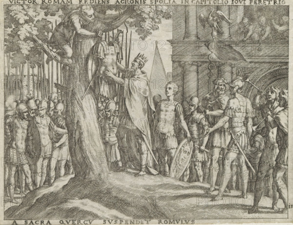 Victor Romam, Suspendit Romulus, Romulus hangs the armor of Acron in a sacred tree on the Capitol, Life of Romulus and Remus, print, album page, Series number, 15, 27, Romulus hangs the armor of Acron in a tree on the Capitol in Rome. Soldiers watch., printmaker: Giovanni Battista Fontana, Italy, 1572 - 1573, paper, etching, height 136 mm x width 179 mm, (story of) Romulus and Remus, A detailed black and white engraving shows a group of soldiers and figures gathered around a large tree on a raised rocky ground. At the center a crowned man in a cloak reaches up to touch an animal hide hanging from a branch while a smaller figure in the tree leans down toward the hide. Armored soldiers with helmets, shields, and spears stand in formation behind and beside them, some facing forward and some in profile. To the right a line of architectural elements including columns and a ledge with sculpted figures forms a backdrop, and a bird sculpture perched on a decorative staff is visible near the to...