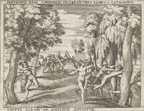 Fratribus pani lupercalia, Amulium aducitur, The Lupercalia and the capture of Remus, Life of Romulus and Remus, print, album page, Series number, 4, 27, A group of naked men celebrate during the Lupercalia. The festivities are disrupted by the soldiers of Amulius who capture Remus., printmaker: Giovanni Battista Fontana, Italy, 1572 - 1573, paper, etching, height 138 mm x width 180 mm, (story of) Romulus and Remus, Remus is captured during the festival of the Lupercalia and brought before Amulius, A finely detailed black and white line engraving shows a wooded landscape with tall trees framing a clearing where numerous nude and partially dressed male figures move and struggle; some figures embrace or grapple with each other, one figure wears a helmet and holds a spear while others gesture and reach outward; in the middle distance a raised platform or altar supports a small statue next to a vessel emitting smoke; the ground is patterned with flowing lines indicating terrain and the sky...