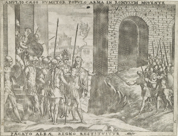 Numitor becomes ruler of Alba again, Amulio caeso Numitor, regno restituuitur, Life of Romulus and Remus, print, album page, Series number, 6, 27, Numitor is reinstated as ruler of Alba after the death of his brother Amulius. Numitor is surrounded by soldiers. On the right a stone building., printmaker: Giovanni Battista Fontana, Italy, 1572 - 1573, paper, etching, height 140 mm x width 180 mm, (story of) Romulus and Remus, Romulus and Remus restore the crown of Alba Longa to their grandfather Numitor, A detailed black and white engraving showing a large group of armed men gathered at a fortified stone gateway, many wearing helmets and carrying spears and shields, some with draped cloaks and one with a feathered helmet, a bearded figure at the front gesturing toward the archway, another figure standing partly behind a column holding a round shield, soldiers advancing through and near the arched entrance while others stand on a rocky slope, a cityscape with buildings and rising smoke vi...