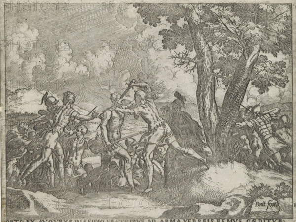Romulus and Remus fighting, Orto ex Augurs, Remus Caeditur, Life of Romulus and Remus, print, album page, Series number, 8, 27, Due to the judgment of the Augurs, Romulus and Remus quarrel. Romulus and his followers fight Remus and his followers. The fight ends with the death of Remus., printmaker: Giovanni Battista Fontana, Italy, 1572 - 1573, paper, etching, height 140 mm x width 182 mm, (story of) Romulus and Remus, suffering, misfortune of Romulus and Remus - death, (story of) Romulus and Remus - aggressive, unfriendly activities and relationships, A densely detailed black and white engraving shows a group of figures in dynamic poses on a rocky landscape beneath a sky filled with swirling clouds and diagonal hatch shading; several partially nude and clothed men are clustered, some reaching or grasping at one another and holding spears or helmets, one figure appears to be pulling another by the shoulder while others crouch or lie on the ground; to the right a large tree with texture...