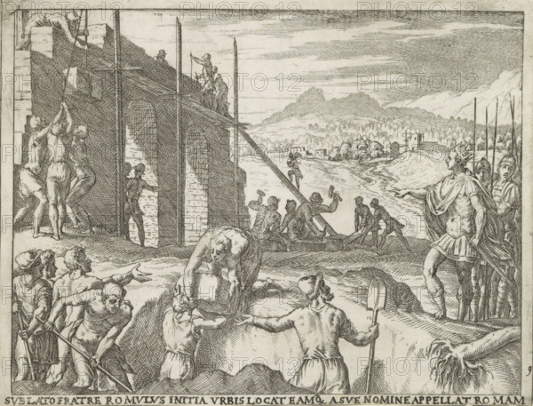 Sublato fratre Romulus, appellat Romam, Romulus builds a city and calls it Rome, Life of Romulus and Remus, print, album page, Series number, 9, 27, The followers of Romulus build the city of Rome. On the right, Romulus is pointing with a crown on his head., printmaker: Giovanni Battista Fontana, Italy, 1572 - 1573, paper, etching, height 135 mm x width 180 mm, (story of) Romulus and Remus, Romulus lays the foundation of Rome, Rome, A detailed black and white engraving shows a busy scene with many human figures engaged in building and activity along a riverside. On the left, workers raise a large wooden structure against a masonry wall using ropes and levers while others stand on scaffolding and platforms. In the foreground, several men strain and pull with ropes and tools, one bending over another who is crouched, and a group gestures and reaches toward the work. Toward the center, men push a long pole or plank that rests on a ramp leading down to the water where more figures stand in...