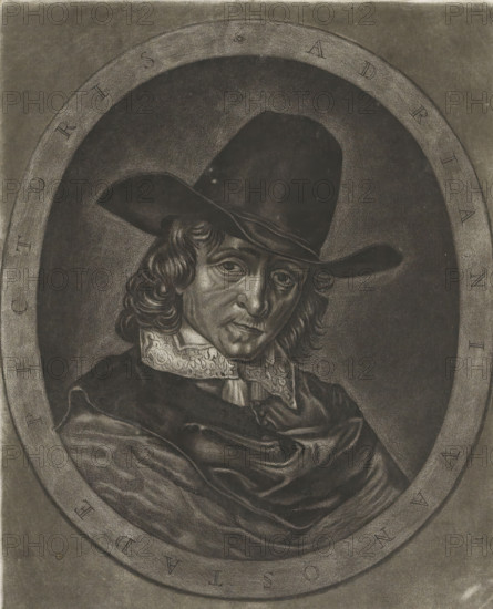 Portrait of Adriaen van Ostade, print, album page. The painter is wearing a hat. In an oval frame, an inscription with the name and profession of the sitter. This print is part of an album., printmaker: Jacob Gole, Amsterdam, after drawing by Adriaen van Ostade, Haarlem, grantor of privilege: States of Holland, 1670 - 1724, 1846 - 1853, paper, mezzotint, aquatint, etching, aquatint and etching, height 228 mm x width 173 mm, height 350 mm x width 262 mm, Person, portrait, self-portrait of artist, A monochrome engraved portrait shows a person with shoulder-length wavy hair wearing a wide-brimmed hat and a high lace collar; the face is rendered with detailed shading, showing prominent cheekbones, a defined nose, and a contemplative gaze. The figure is draped in heavy, textured clothing with deep folds and a hand partially visible near the chest. The portrait is set within an oval frame that has a textured border, and the surrounding background is dark and stippled. The overall image has a...