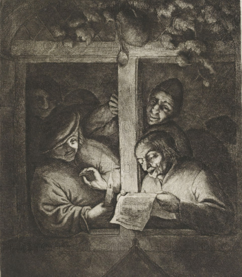 Three singers in an open window by candlelight, print, album page, Satire on the literary gatherings of the rhetoricians. The diamond-shaped coat of arms below the window refers to this; normally, this shield bore the coat of arms of the rhetoricians. The wine jug can also be linked to them, as the wine provided inspiration for their activities. This print is part of an album., printmaker: Adriaen van Ostade, Haarlem, 1666 - 1670, 1846 - 1900, paper, etching, intaglio printmaking technique, etching with plate tone, height 240 mm x width 192 mm, height 352 mm x width 262 mm, vocal music, singing, human figure at (open) window, seen from outside - AA - feigned window, candle (kindling a light, lit, burning light, lamp, candle), A monochrome etching shows a close view through a wooden-framed window where several figures crowd together; a person on the left holds a lit candle, another person to the right leans forward reading from a sheet of paper, and a face above peers over the frame wit...