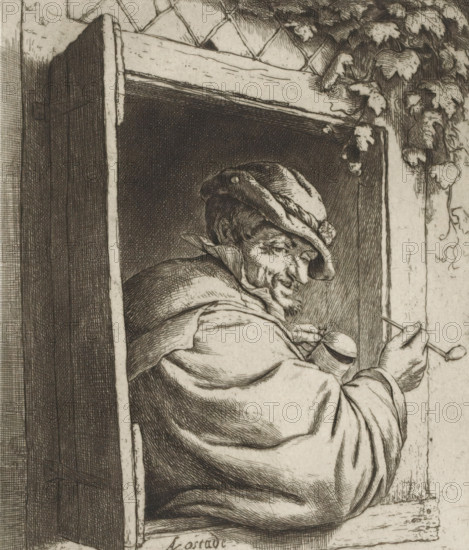 Smoking farmer in a window opening, print, album page, Farmer or man with pipe and drinking cup in a window opening with a shutter opening outwards. The print is part of a portfolio., collector's mark: 'B', printmaker: Adriaen van Ostade, Haarlem, after drawing by Adriaen van Ostade, supervision: EH Kok, printer (person): J. Scheffer, printer (person): Enschedé & Zn., Johan, 1648 - 1650, 1941, Adriaen van Ostade, EH Kok, J. Scheffer, Enschedé & Zn., printmaker, after drawing by, supervision, printer (person), paper, etching, galvanized, etching printed from a galvanized plate, height 199 mm x width 157 mm, pipe, tobacco, male sex, man, window, A detailed monochrome etching shows an older man leaning from a window frame, wearing a brimmed hat with a decorative knot and a heavy cloak with folded fabric, his face turned in three-quarter profile revealing a beard, pronounced facial lines, and a slight smile; one hand holds a small round object while the other hand holds a thin implement, a...
