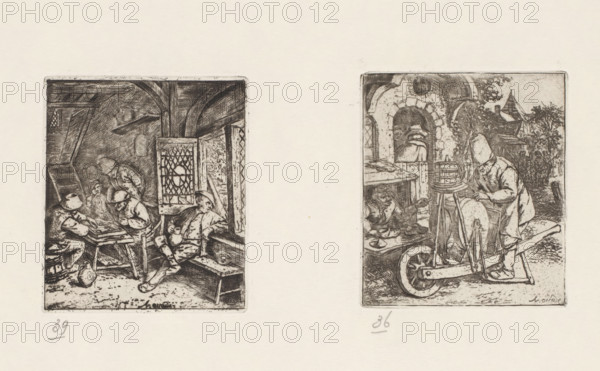 Knife sharpener at work at a shoemaker's, print, album page, A knife sharpener sharpens the tools of a shoemaker who is sitting in his small workshop in front of a house. The print is part of a portfolio and is printed with another print on a single album page., collector's mark: 'B', printmaker: Adriaen van Ostade, Haarlem, supervision: EH Kok, printer (person): J. Scheffer, printer (person): Enschedé & Zn., Johan, 1669 - 1673, 1941, printer (person), paper, etching, galvanized, etching printed from a galvanized plate, height 86 mm x width 75 mm, male sex, man, tools, aids, implements, crafts and industries: grindstone, shoe-maker, cobbler, sharpening, grinding (industrial processes), Two rectangular sepia-toned etching panels sit side by side on a pale background, each depicting a rustic interior scene with figures and furniture. The left panel shows a low-beamed room with a window featuring a diamond lattice, a slanted cupboard or ladder against the wall, a table cluttered with obje...