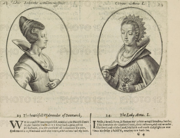 The beautiful Malmeuyspier, Mrs. Anna L., Portraits of the courtesans named Beautiful Malmeuyspier and Mrs. Anna L., Mirror of the most beautiful courtesans of this time, print, album page, Series number, 23-24, 40, Two depictions on an album page. On the left the courtesan named Beautiful Malmeuyspier and on the right Mrs. Anna L., both from Denmark. Below that two quatrains in English. The sheet is part of an album., printmaker: Crispijn van de Passe (II), Utrecht, 1635, writer (clerical worker), printer (person), paper, engraving, letterpress printing, text in letterpress, height 109 mm x width 152 mm, herding, herdsman, herdswoman, shepherd, shepherdess, cowherd, Two oval medallion portraits appear side by side on aged paper, each showing a bust of a woman in historical dress rendered in fine engraved lines; the left portrait shows a woman in profile facing right with hair styled high and rounded at the back, a pronounced wide collar framing her neck, a fitted bodice, and one hand ...
