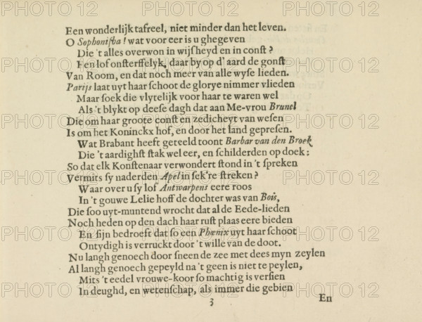 To the Nymphs of the Amstel, Dutch poem on the Nymphs of the Amstel, page 10, Les vrais pourtraits de quelques unes des plus grandes dames de la chrestiente desguisees en bergeres., album page, text sheet, Dutch poem on the Nymphs of the Amstel on eleven pages: page 10. The sheet is part of an album., writer (clerical worker): Crispijn van de Passe (II), Amsterdam, printer (person): Joost Broersz, 1640, writer (clerical worker), printer (person), paper, letterpress printing, text in letterpress, height 140 mm x width 190 mm, A cream-colored page with evenly spaced dark printed lines and serif type, showing a left-aligned block of text occupying the upper and central area and tapering toward the lower center, with visible irregularities in ink density and slight fading in places; the paper has a subtle textured appearance with small speckles and a clean margin on the right side, and a small centered mark near the bottom edge.