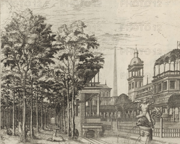 Tree-lined avenue and palace garden, Variae architecturae formae, print, album page, ornamental print, Series number, 13, 20, Left a tree-lined avenue with two deer. Right a palace garden with various galleries and a fountain with a triton riding on a fish and blowing on a shell., printmaker: Johannes or Lucas van Doetechum, Antwerp, after design by Hans Vredeman de Vries, publisher: Theodoor Galle, 1601, paper, engraving, gravure, height 206 mm x width 260 mm, statues, sculptures in garden, palace, hoofed animals: deer, A detailed black and white engraving showing a row of tall leafy trees on the left with a path running beneath them and several reclining and standing deer among the trunks, transitioning to an ornate classical cityscape on the right that includes a colonnaded building with balconies, a domed tower, a slender obelisk, and decorative architectural elements; in the foreground on the right a sculpted fountain features a muscular seated figure and a lionlike head spouting ...
