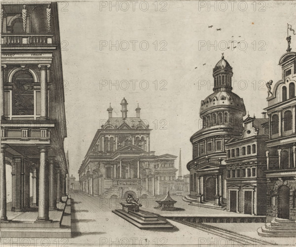 Square with a small fountain and various buildings, Variae architecturae formae, print, album page, ornamental print, Series number, 3, 20, Square with a fountain and various buildings. On the right stand residential houses and a round church. On the left a colonnade. On the square stands a public building whose entrance is accessible via a double staircase with a landing., printmaker: Johannes or Lucas van Doetechum, Antwerp, after design by Hans Vredeman de Vries, publisher: Theodoor Galle, publisher: Hieronymus Cock, grantor of privilege: Philip II of Spain, 1601, paper, engraving, height 210 mm x width 256 mm, Hieronymus Cock is the former publisher of the print., colonnade, square, circus, city-view, and landscape with man-made constructions, ornamental fountain, A detailed black and white architectural engraving shows a city street flanked by classical buildings with columns, arches, balustrades, and ornate facades. On the left, a building with tall columns and an arched window o...