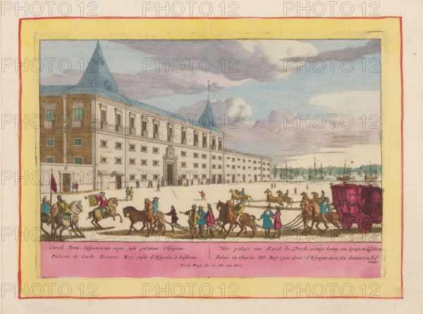 The palace of Charles III, legitimate king of Spain, in Lisbon, View of the palace of Charles VI in Lisbon, Theatrum Hispaniae, print, album page, book illustration, View of the palace of Charles VI, German Emperor, in Lisbon. During the Wars of Spanish Succession he also called himself King Charles III of Spain. Below the image a title in Latin, Spanish, Dutch and French. Print is part of an album., printmaker: Pieter van den Berge, Amsterdam, grantor of privilege: States of Holland and West Friesland, colorer (graphic design artist): Anna Beeck, The Hague, 1694 - 1737, colorer (graphic design artist), paper, etching, hand coloring, etching hand-colored in pink, green, blue, and yellow, printed on album page, a yellow frame with a red border around the plate edge, height 178 mm x width 254 mm, A colored engraving shows a large pale stone building with many windows and two steep blue-gray towers, set against a sky with layered clouds; in front of the building a wide open plaza is occup...