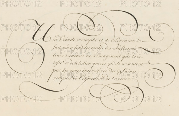 Writing example: Une Voix de triomphe et de delivrance, print, album page, ornament print, printmaker: Bastiaan Boers, printmaker: Maarten Boers, 1660 - 1751, paper, engraving, height 208 mm x width 325 mm, calligraphy, A cream-colored sheet fills the image with flowing dark ink calligraphic flourishes and looping ornamental swirls across the top, sides, and lower area, interspersed with a block of fine, cursive writing rendered in a delicate slanted hand; the ink varies in thickness, producing bold strokes and thin hairlines, and the paper shows slight age-toned specks and subtle texture.