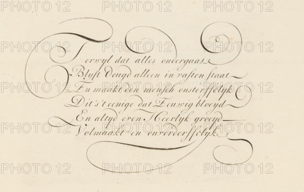 Writing example: While everything undergoes, print, album page, ornamental print, printmaker: Bastiaan Boers, printmaker: Maarten Boers, 1660 - 1751, paper, engraving, gravure, height 151 mm x width 215 mm, calligraphy, A cream-colored sheet with dark flowing calligraphic strokes arranged in horizontal lines and large decorative swirls at the top left, top right, and along the lower edge, created with varying line thickness and smooth curved flourishes.