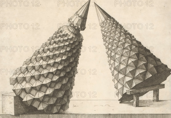 Two polyhedra with a cone as a starting point, print, book illustration, page, Complex geometric figures (polyhedra). Numbered: H.III. This print is part of a book., printmaker: Jost Amman, after design by Wenzel Jamnitzer, Nuremberg, 1568, Bavaria, paper, etching, height 262 mm x width 180 mm, Two tall pointed cone-like forms face each other against a pale textured background, each surface covered in a repeating pattern of small geometric facets with hatched shading; the left form sits on a rectangular base and has layered, spiraling rows of facets creating a scalloped appearance, while the right form rises from a simple support structure with visible legs and a platform, its facets arranged in tighter, more uniform rows; fine stippling and crosshatching define shadows and contours, and the entire scene has the look of a precise ink drawing on aged paper.