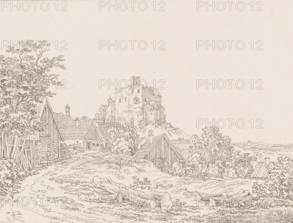 View of a castle near a city, Templates for Landscape Artists, Examples for the Landscape Artist, print, Series number, 12, printmaker: Max Josef Wagenbauer, 1823, paper, lithography, height 368 mm x width 295 mm, Part of a two-part series, the second part of which consists of a title print and twelve depictions of branches, leaves, trees, and landscapes., landscape with tower or castle, A detailed pencil drawing shows a rural scene with a dirt path leading past stacked logs and wooden fences toward a cluster of timber-roofed houses and small outbuildings. Trees with textured foliage rise beside the buildings, and shrubs and low vegetation fill the foreground and spaces between structures. In the middle distance a multi-towered stone castle sits atop a rocky rise, its walls and windows rendered with fine linear shading. Rooflines, chimneys, and small steeples punctuate the village, and felled tree trunks lie in the grassy area near the path. The sky above is mostly empty, leaving the a...