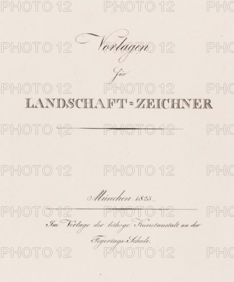 Title print for the second part of the print series 'Examples for the Landscape Artist', Examples for the Landscape Artist, Vorlagen für Landschaft-Zeichner, print, title print, printmaker: Max Josef Wagenbauer, publisher: Kunstanstalt an der Feyertags-Schule, Munich, 1823, Bavaria, paper, lithography, height 375 mm x width 290 mm, Part of a two-part series of which the second part consists of a title print and twelve depictions of branches, leaves, trees and landscapes., trees, The image shows a pale, slightly textured sheet with dark, ornate calligraphic lines and flourishes arranged horizontally across the upper and middle areas; there are two thin horizontal rules, one near the upper center and one near the middle, and decorative, elegant cursive strokes and shading above and below those lines, with small ink spots and subtle paper speckles scattered across the background.