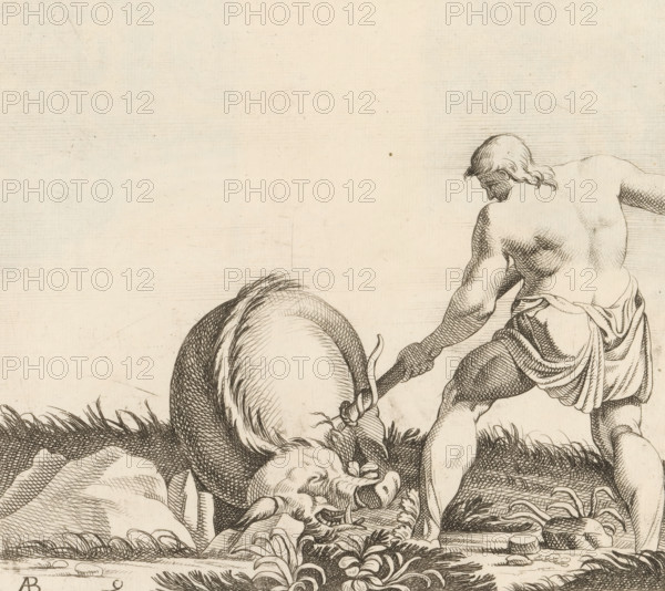 Hercules with the boar of Erymanthus, Galerie des peintures qui sont dans la ball du bal à Fontainebleau, Paintings from the ballroom of Fontainebleau castle, print, album page, Series number, 9, 14, Print is part of an album., printmaker: Alexandre Bettou, after painting by Francesco Primaticcio, Fontainebleau, 1622 - 1693, paper, etching, height 211 mm x width 218 mm, (4) the Erymanthian boar is captured by Hercules, A detailed pen-and-ink drawing shows a muscular male figure seen from the back, wearing a draped cloth around his waist and reaching down with one arm; nearby is a large coiled animal tail and the head of a beast lying on the ground with curled horns and an open mouth, surrounded by textured grass, low plants, and scattered stones, all rendered with fine crosshatching and line work on a lightly textured pale background.